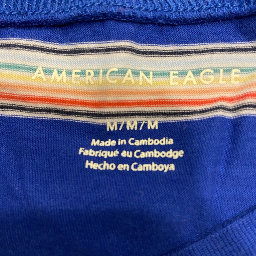 American Eagle Blue w/Rainbow Stripes Crop Tie Short Sleeve Shirt Size Medium - Picture 5 of 5